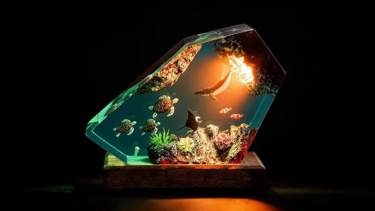 Illuminated resin ocean lamp on display