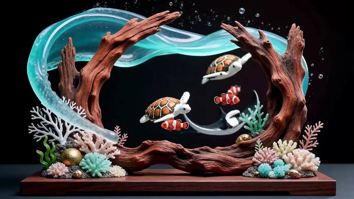 Clear resin being poured around a miniature ocean scene during casting