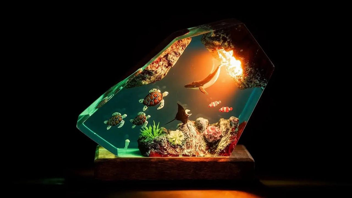 LED light glowing through a clear resin ocean scene