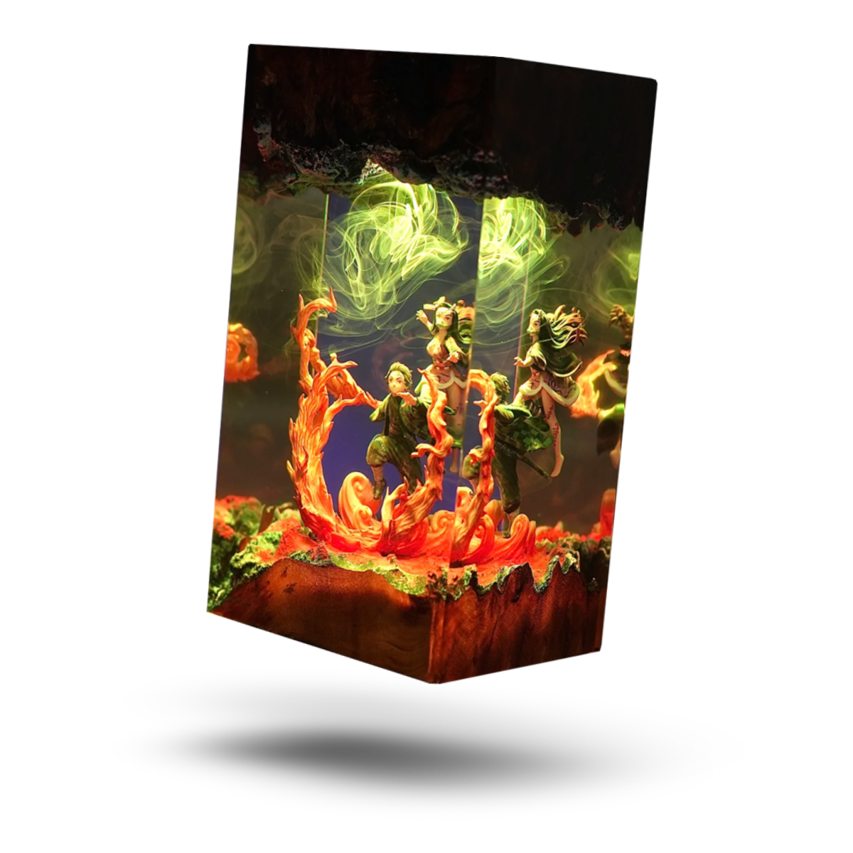 Resin LED lamp glowing in a dark room