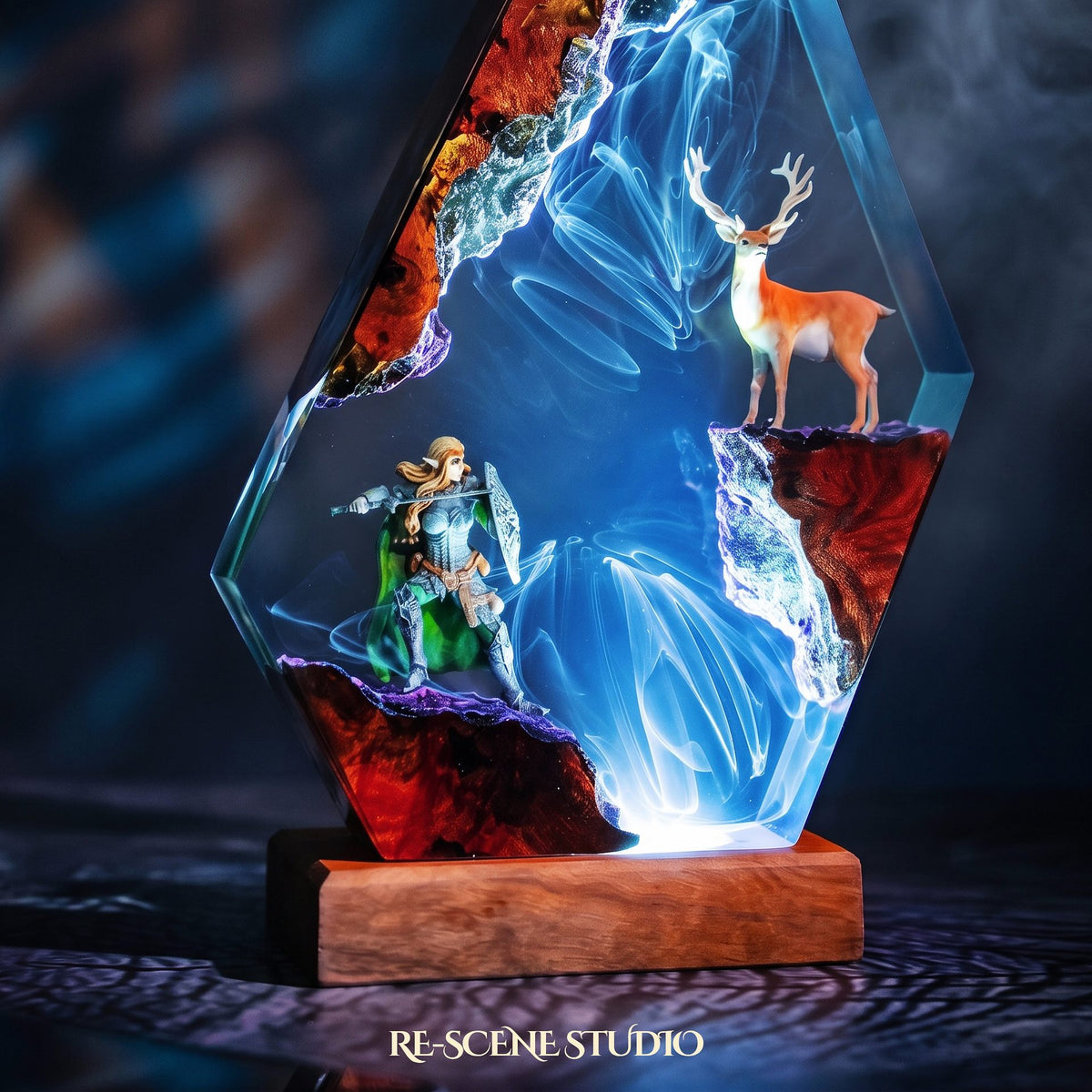 Elven Warrior and Stag Resin Lamp